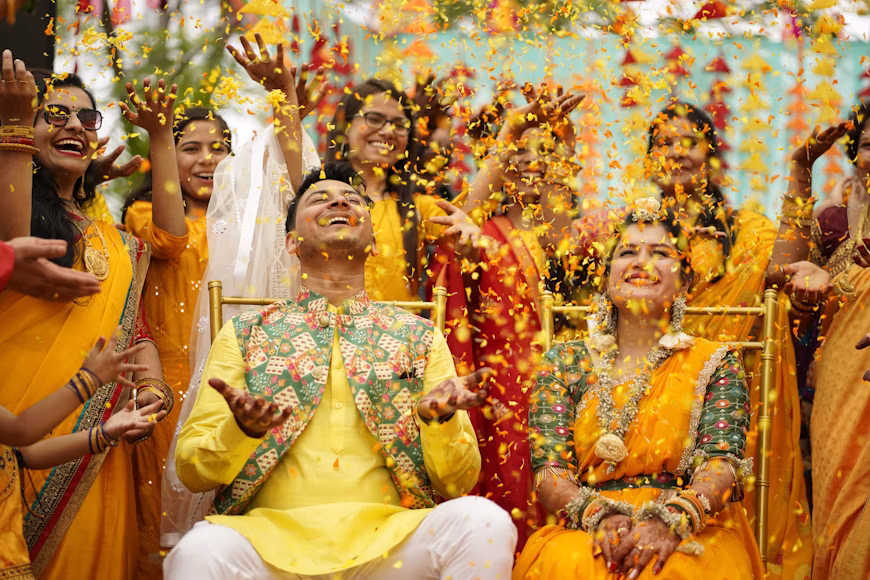 The couple seated together for their joyful Haldi ceremony