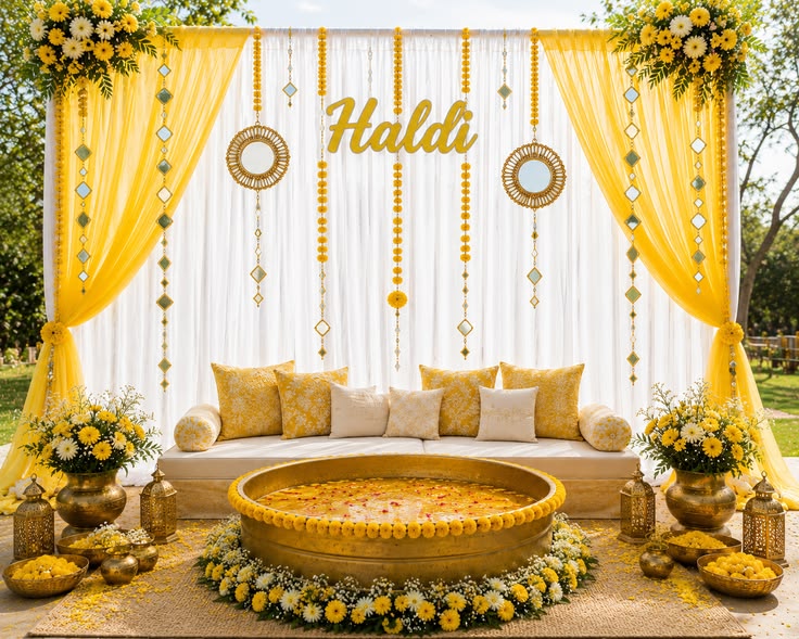 Turmeric-smeared hands over a brass bowl, marigold garlands soft in the frame, bright daylight