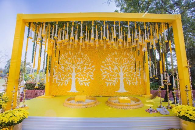 A thoughtfully decorated corner capturing the warmth and joy of the Haldi ceremony