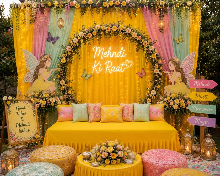 A thoughtfully styled corner capturing the warmth and beauty of the Mehndi ceremony