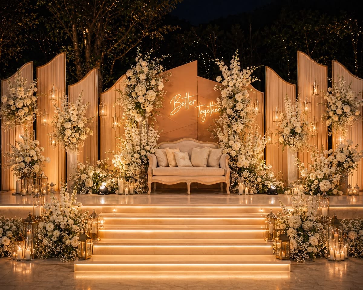 A couple's backs as they walk in together under a gold and marigold arch, reception lights beyond